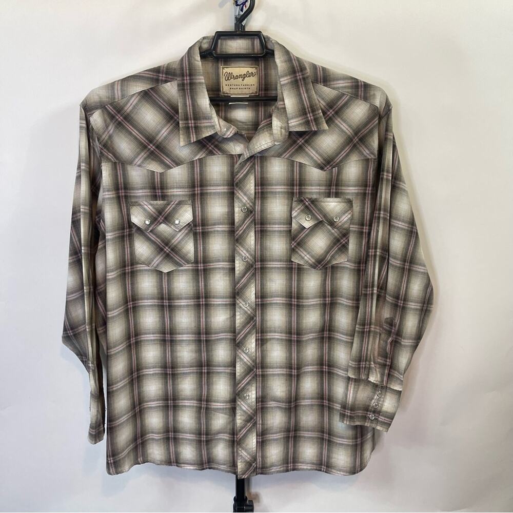 Wrangler Grey Brown Plaid Pearl Snap Long Sleeve Shirt Size 3XL Men’s